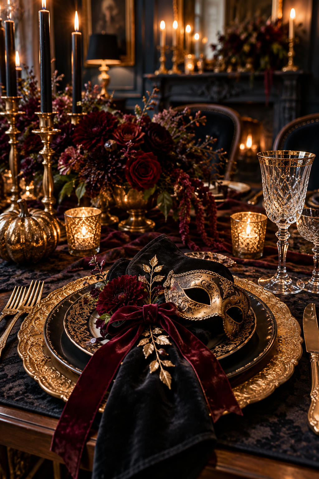 Use Layered Plates for Opulence styled as Halloween masquerade tablescape ideas