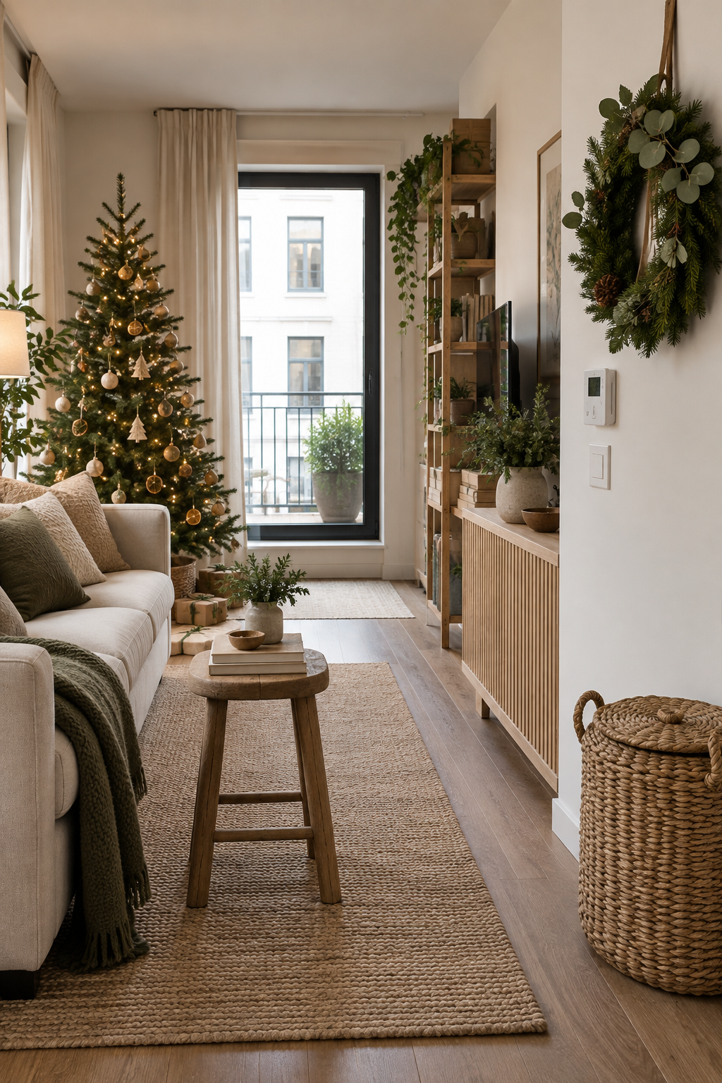 Small apartment with slim Christmas tree, wall wreath and multifunctional wood furniture