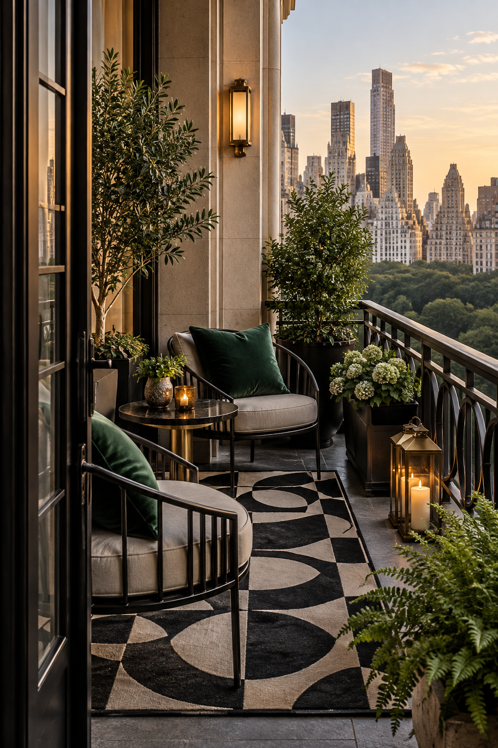 City balcony with a black and cream geometric rug, rounded chairs and brass-toned lanterns