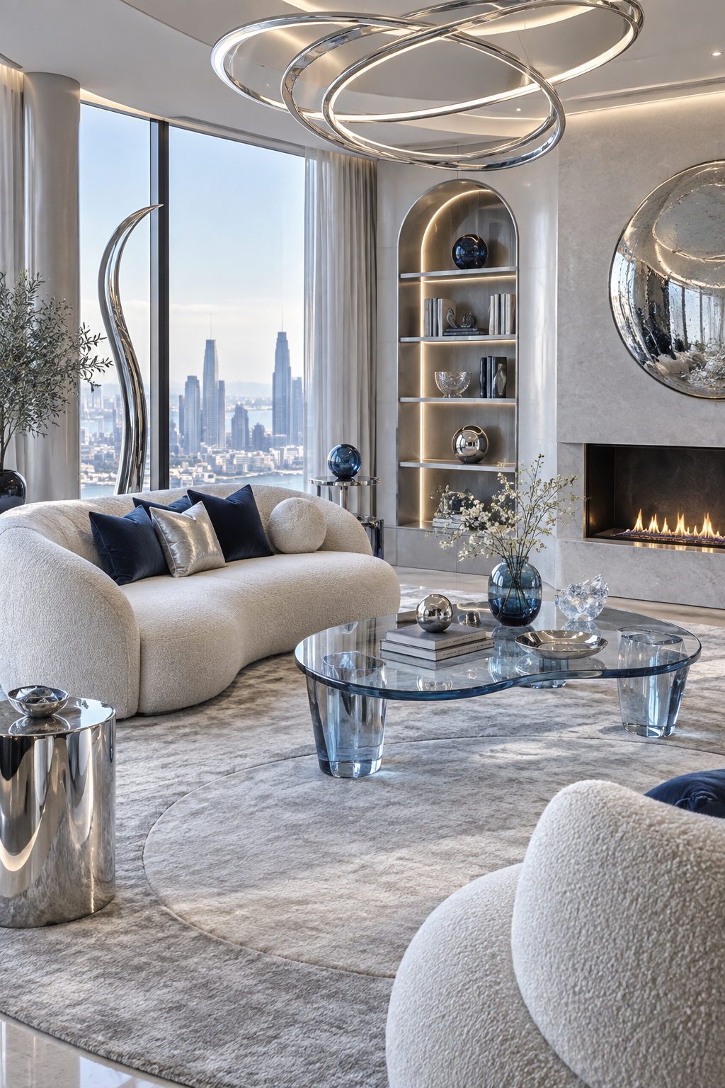 Bright neutral salon with discreet chrome and icy blue celestial accents