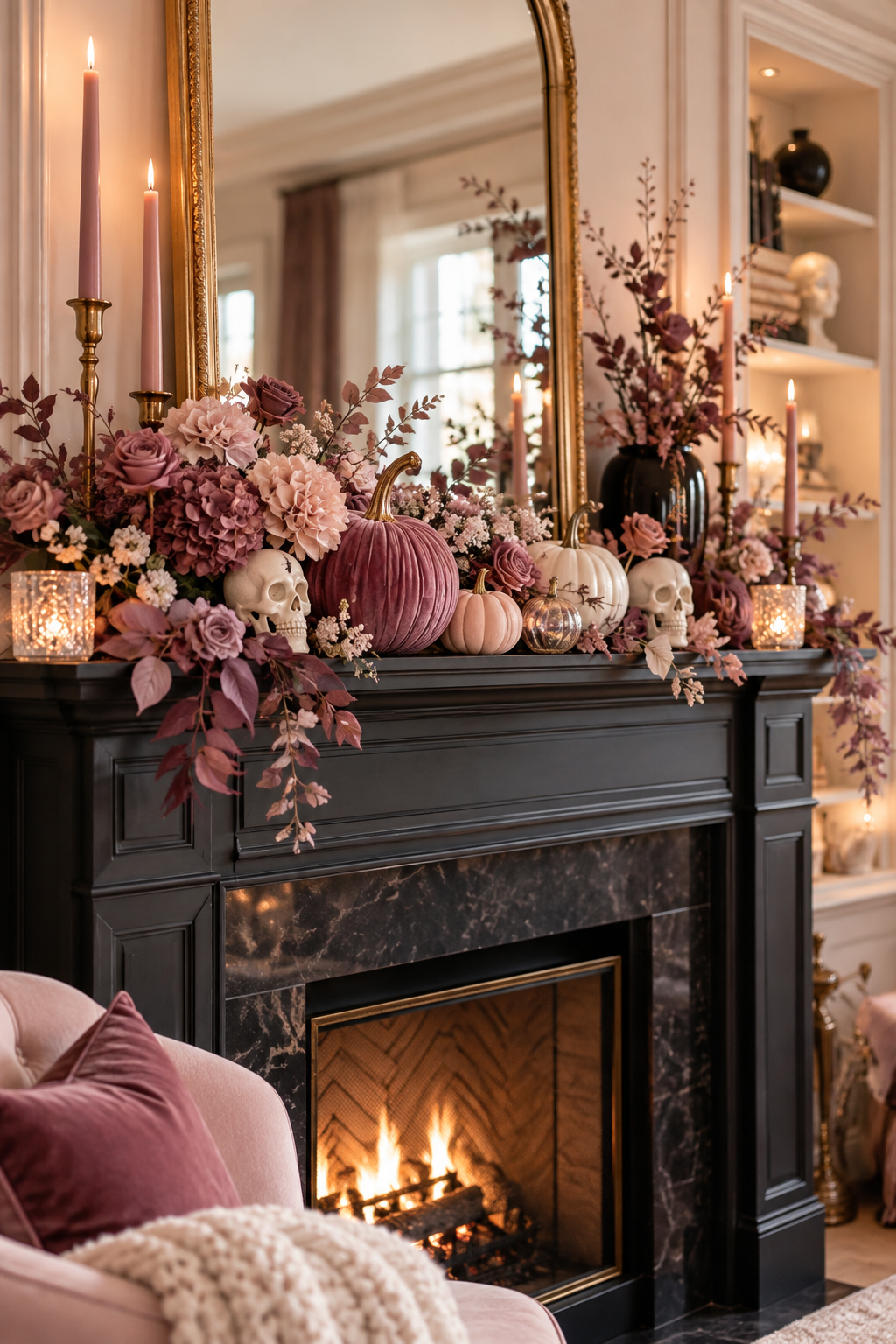Mix Dusty Florals with Tiny Skulls styled as pink Halloween decor ideas