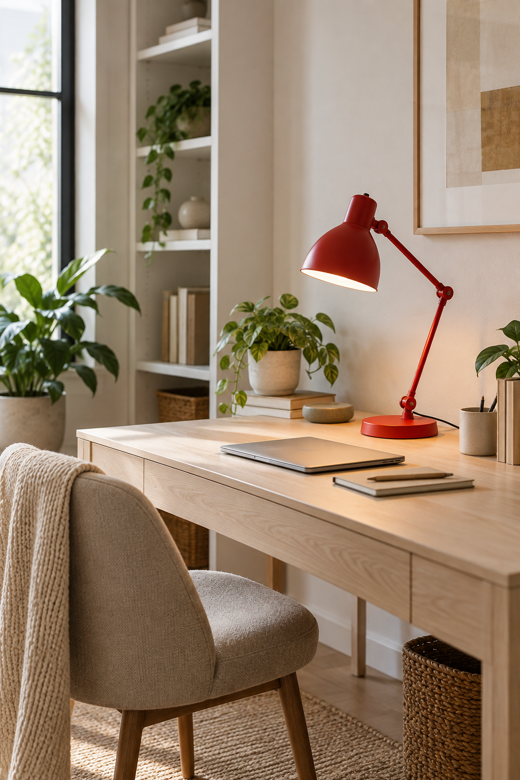 Add a Red Desk Lamp to a Quiet Workspace
