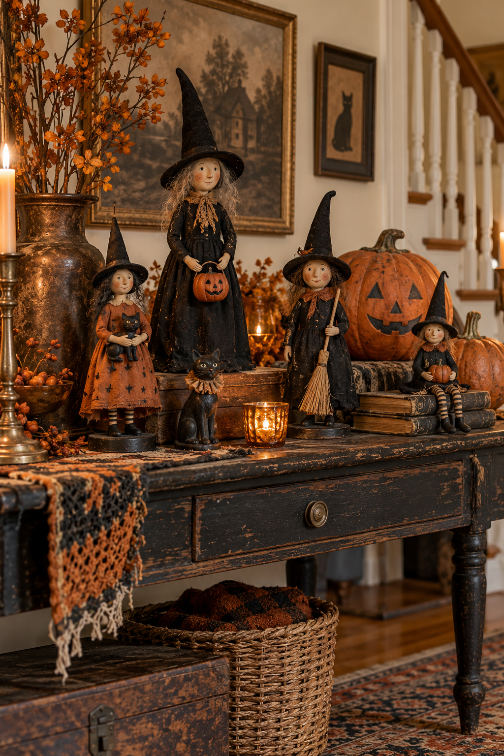 Display Handmade Folk-Art Witches styled as vintage Halloween decor ideas