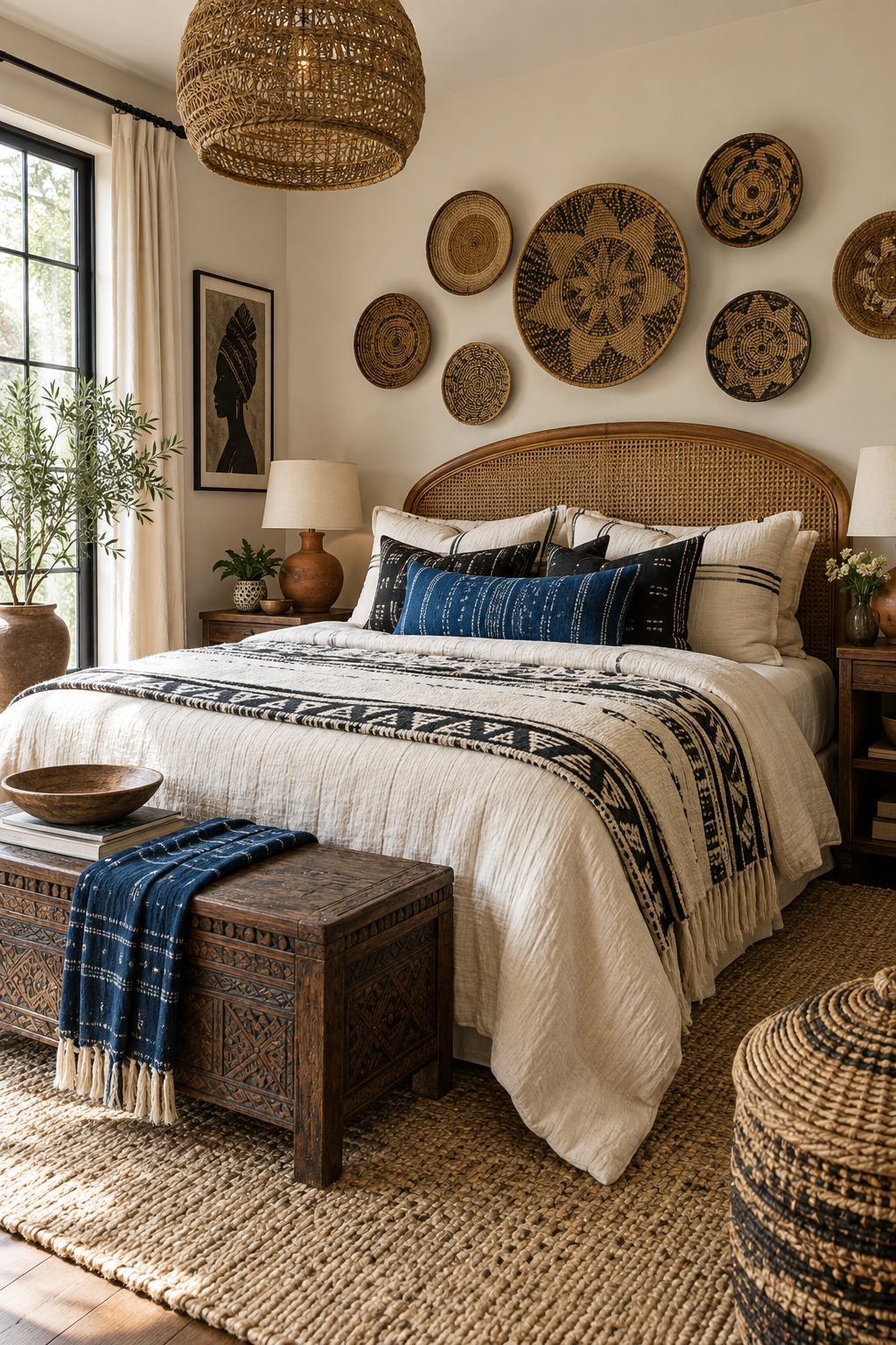 Afrobohemian guest bedroom with cane headboard, black cream bedding, indigo pillow and carved bench