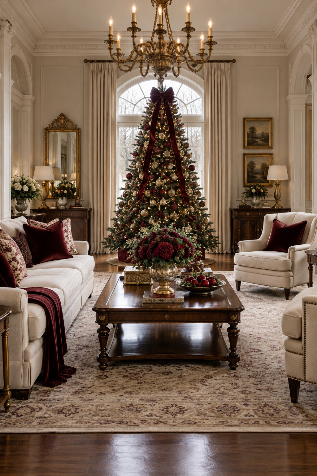 Formal Christmas room with burgundy velvet, antique brass and symmetrical styling