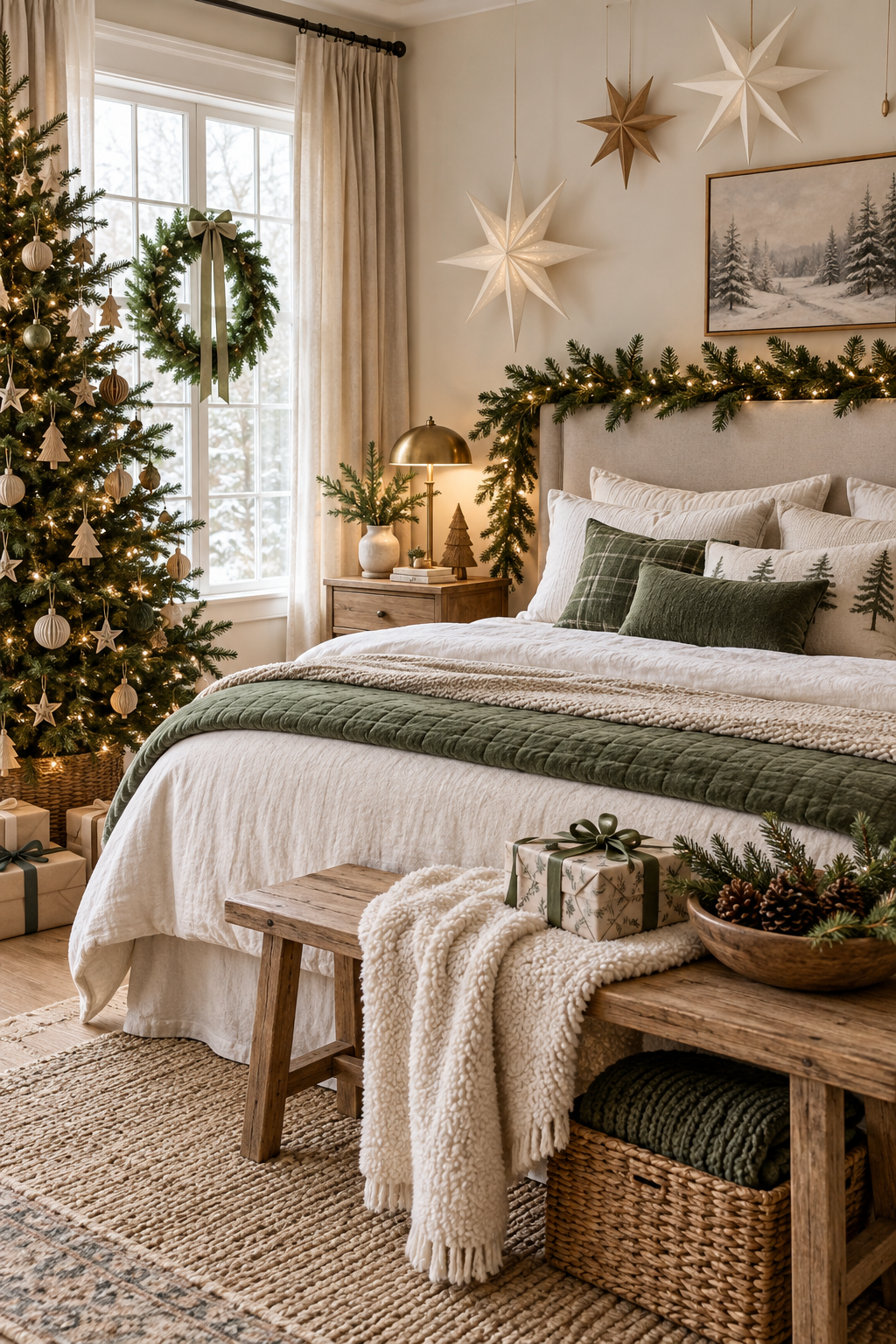 Neutral Christmas bedroom with oatmeal bedding, greenery and natural wood ornaments
