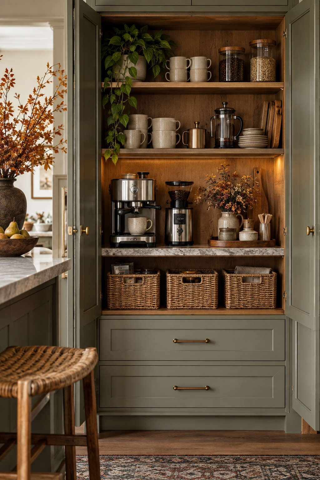 Fall coffee station inside a pantry cabinet