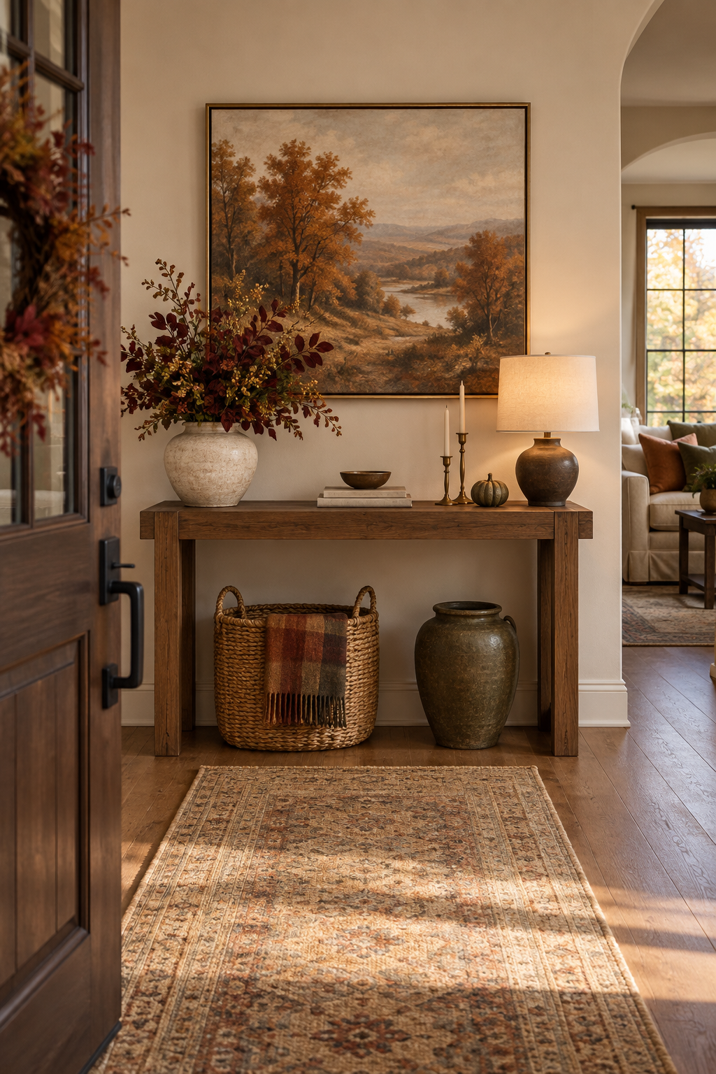 Autumn landscape art over entry console