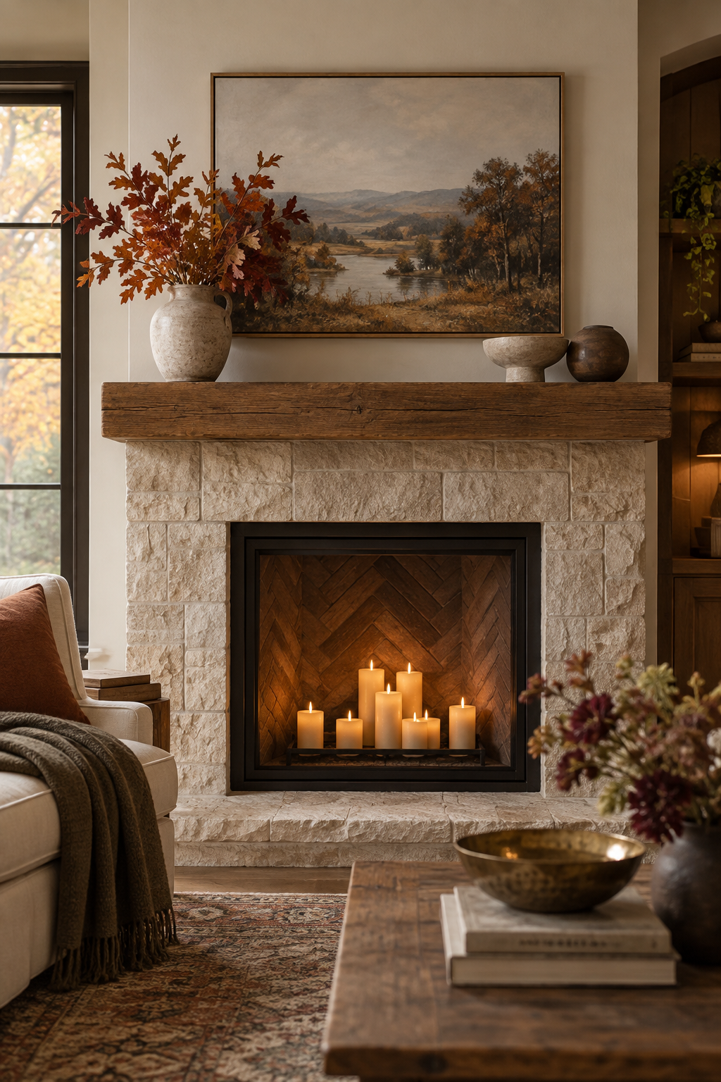 Warm minimalist autumn mantel