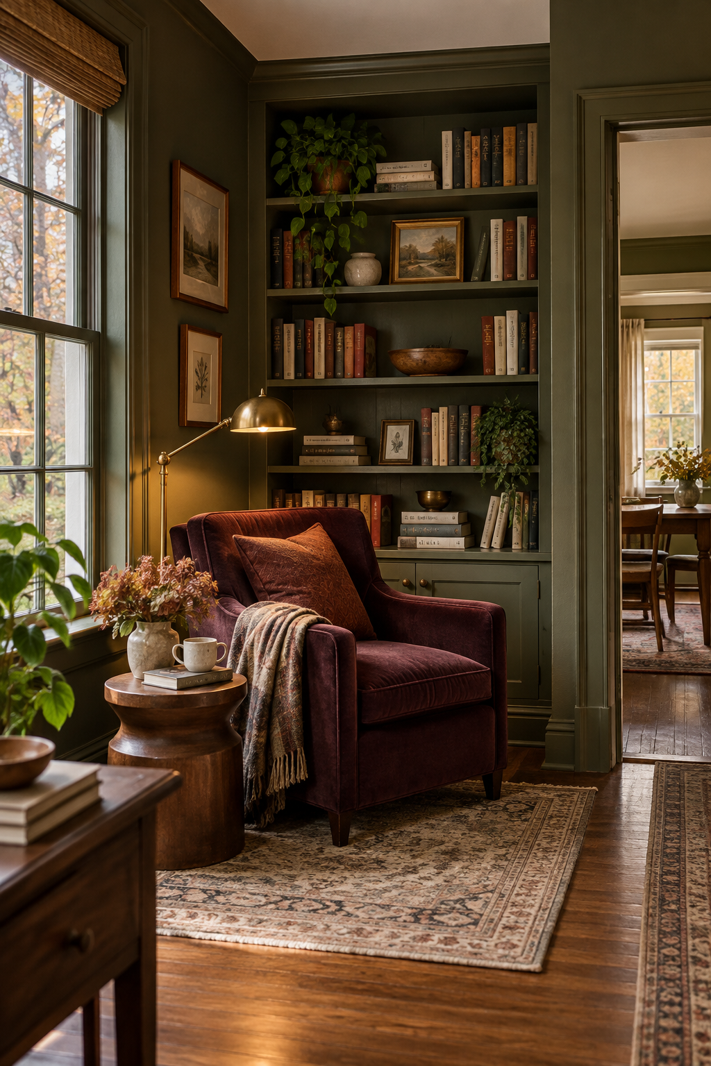 Moody olive and plum library reading corner