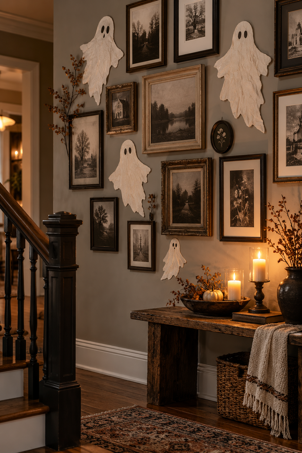 Finish with a Handmade Ghost Photo Wall styled as DIY ghost decor ideas
