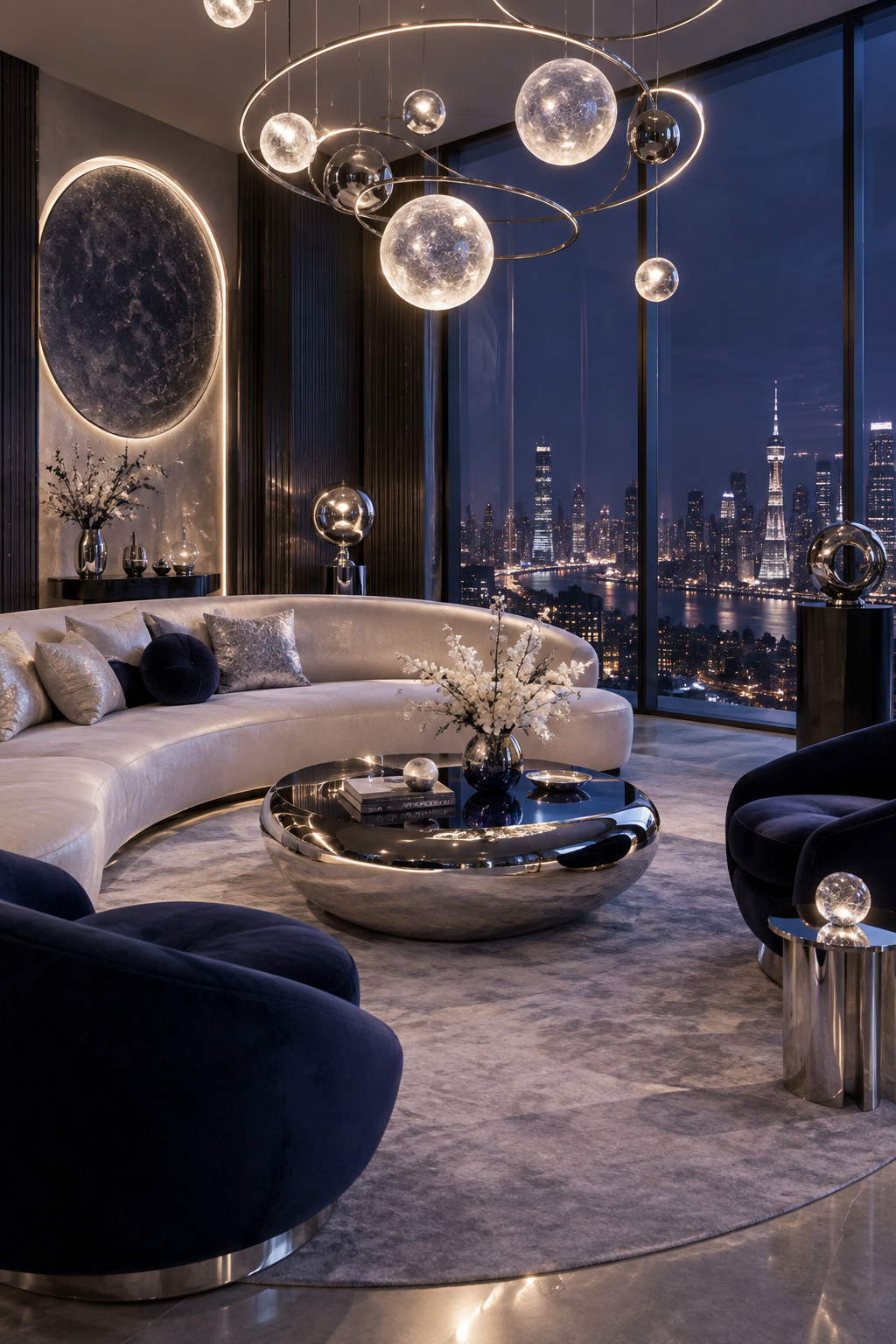 Finished sophisticated Extra Celestial salon with balanced color, metal and curves