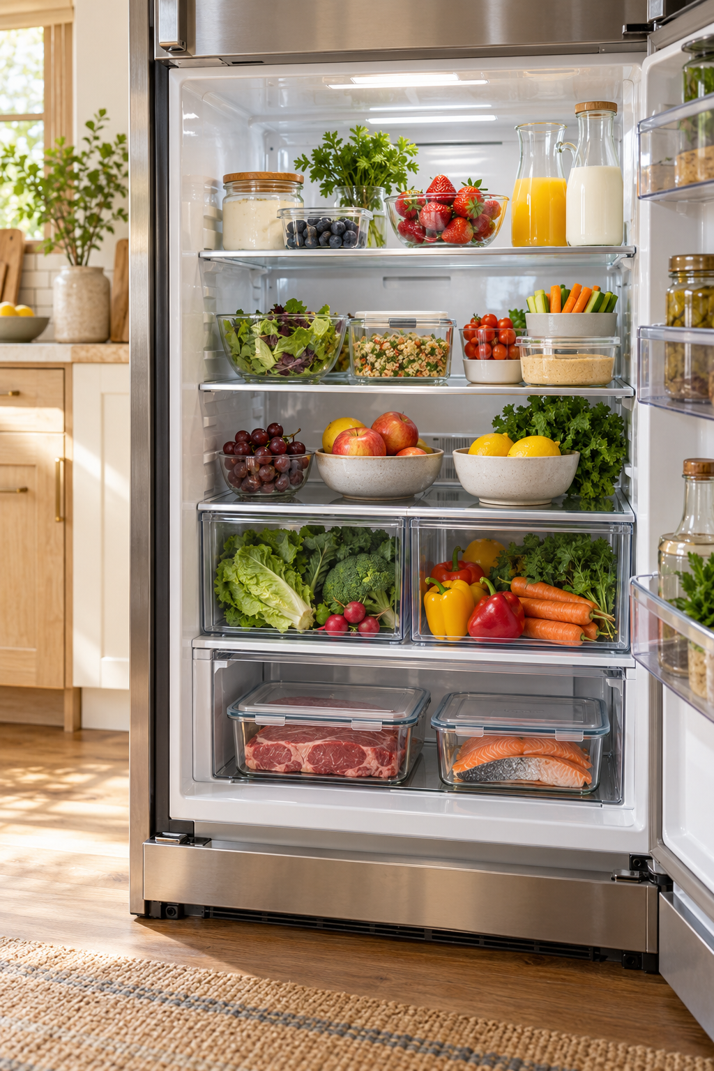 Store Raw Ingredients Safely on the Bottom in a clean organized refrigerator