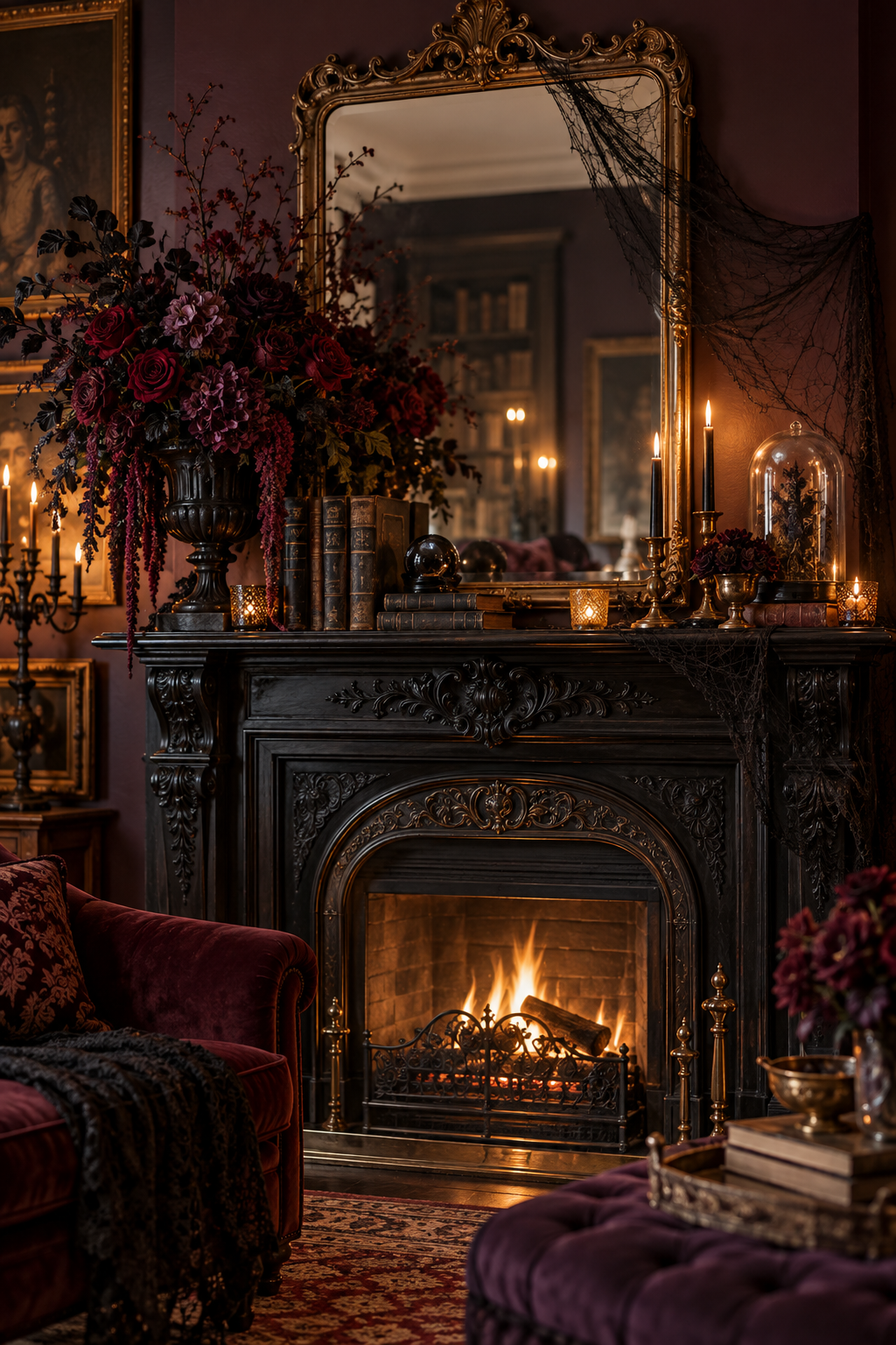 Add a Subtle Spiderweb Veil styled as gothic Victorian Halloween mantel ideas
