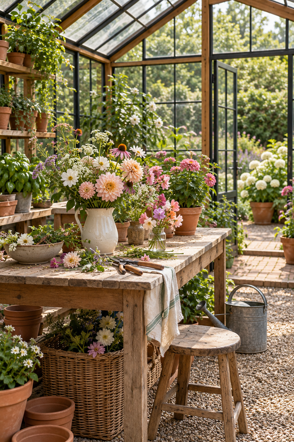 Style a Seasonal Flower Table inside a beautiful garden greenhouse