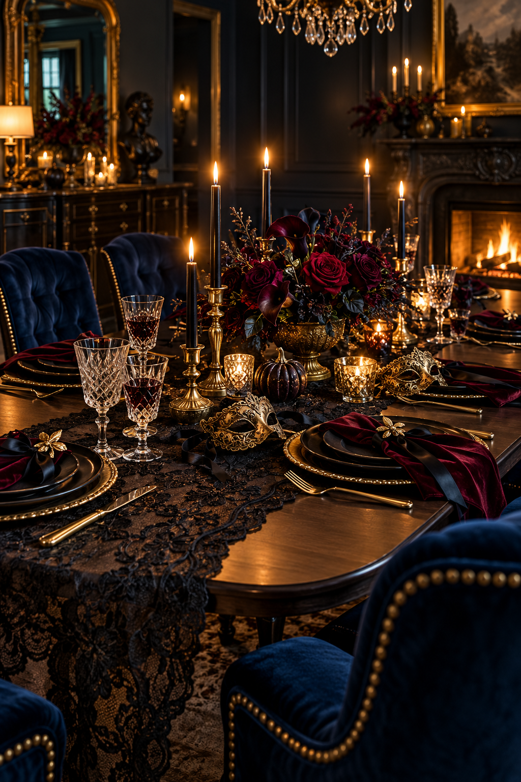 Add Subtle Gothic Lace styled as Halloween masquerade tablescape ideas