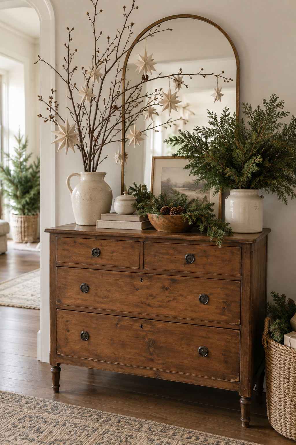 Budget natural Christmas vignette using foraged branches, paper stars and thrifted pottery