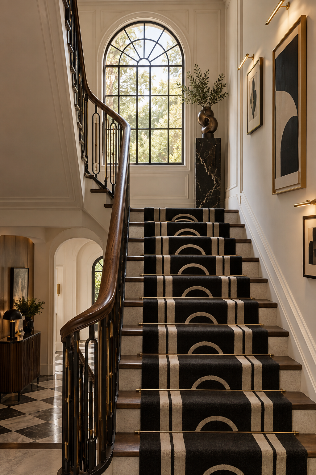 Elegant staircase with a black and cream Neo Deco runner, walnut rail and brass picture lights