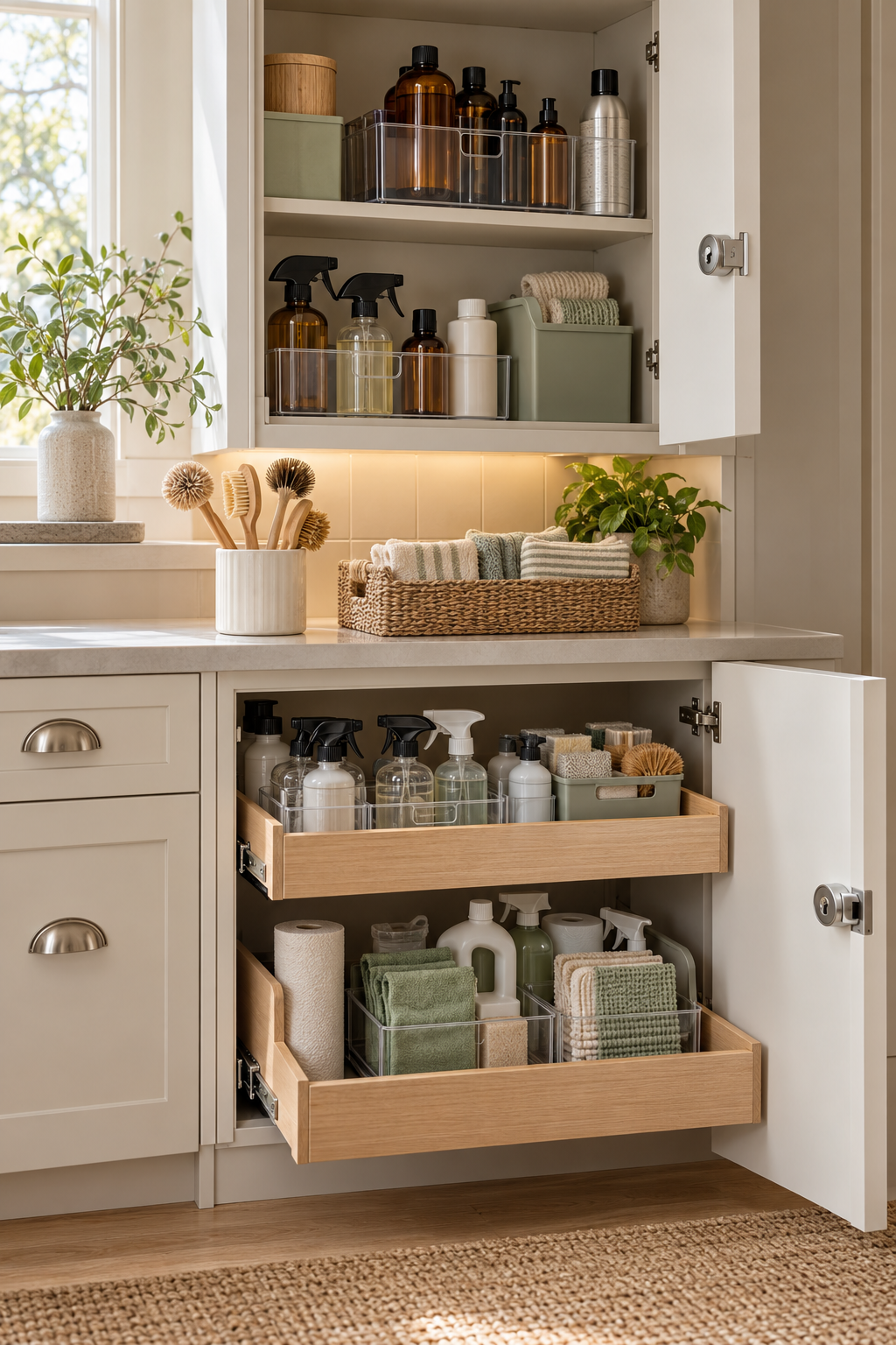 Set Up a Child-Safe Locking System in an organized naturally minded cleaning station
