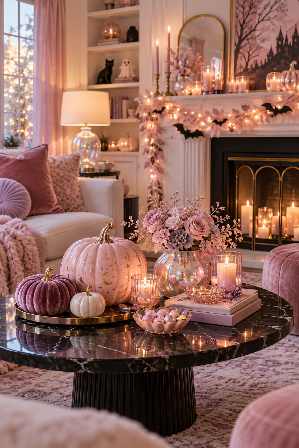 Finish with Warm Pearly Lighting styled as pink Halloween decor ideas