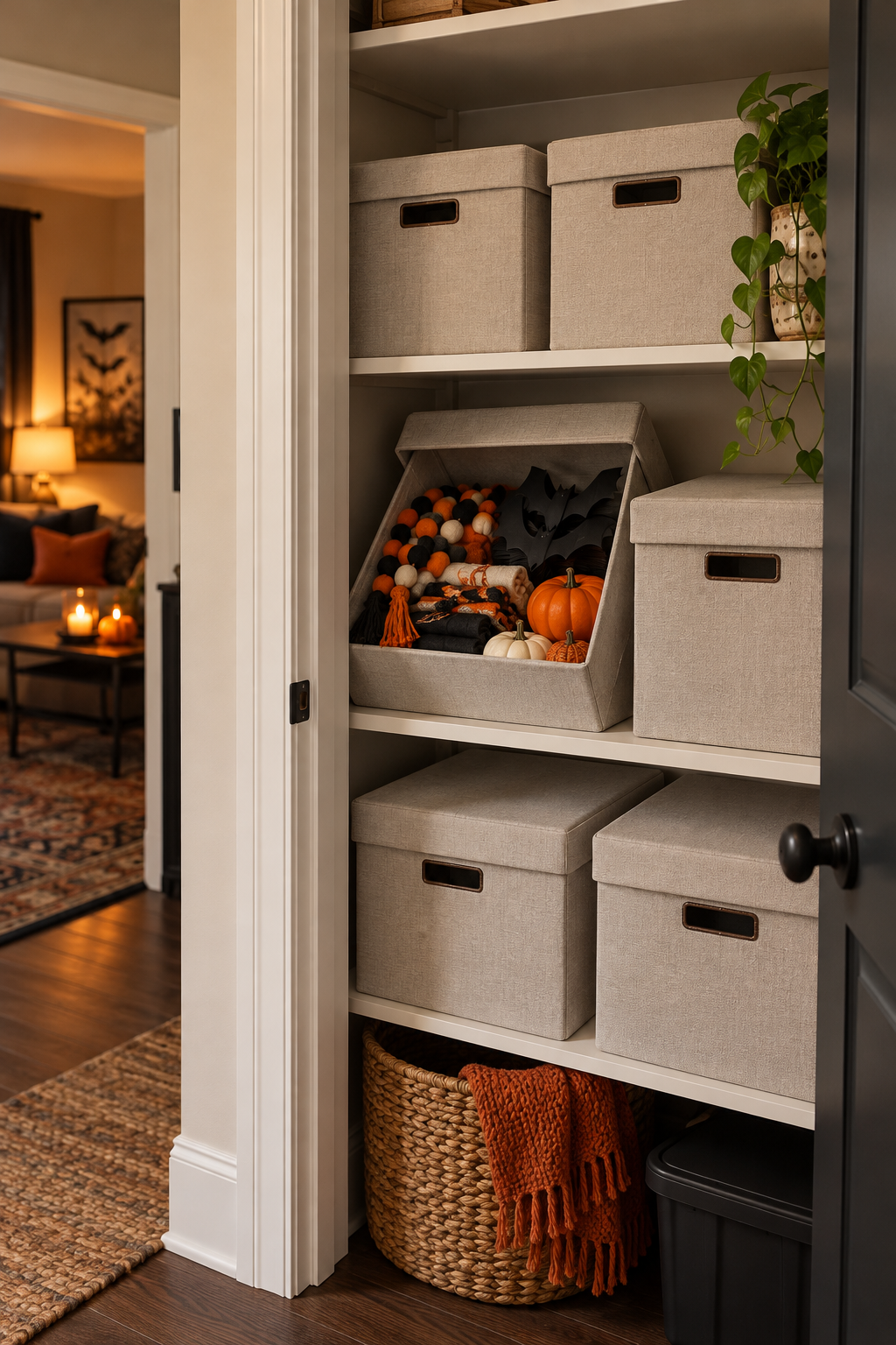 Store Decor in Matching Bins styled as Halloween apartment decor ideas