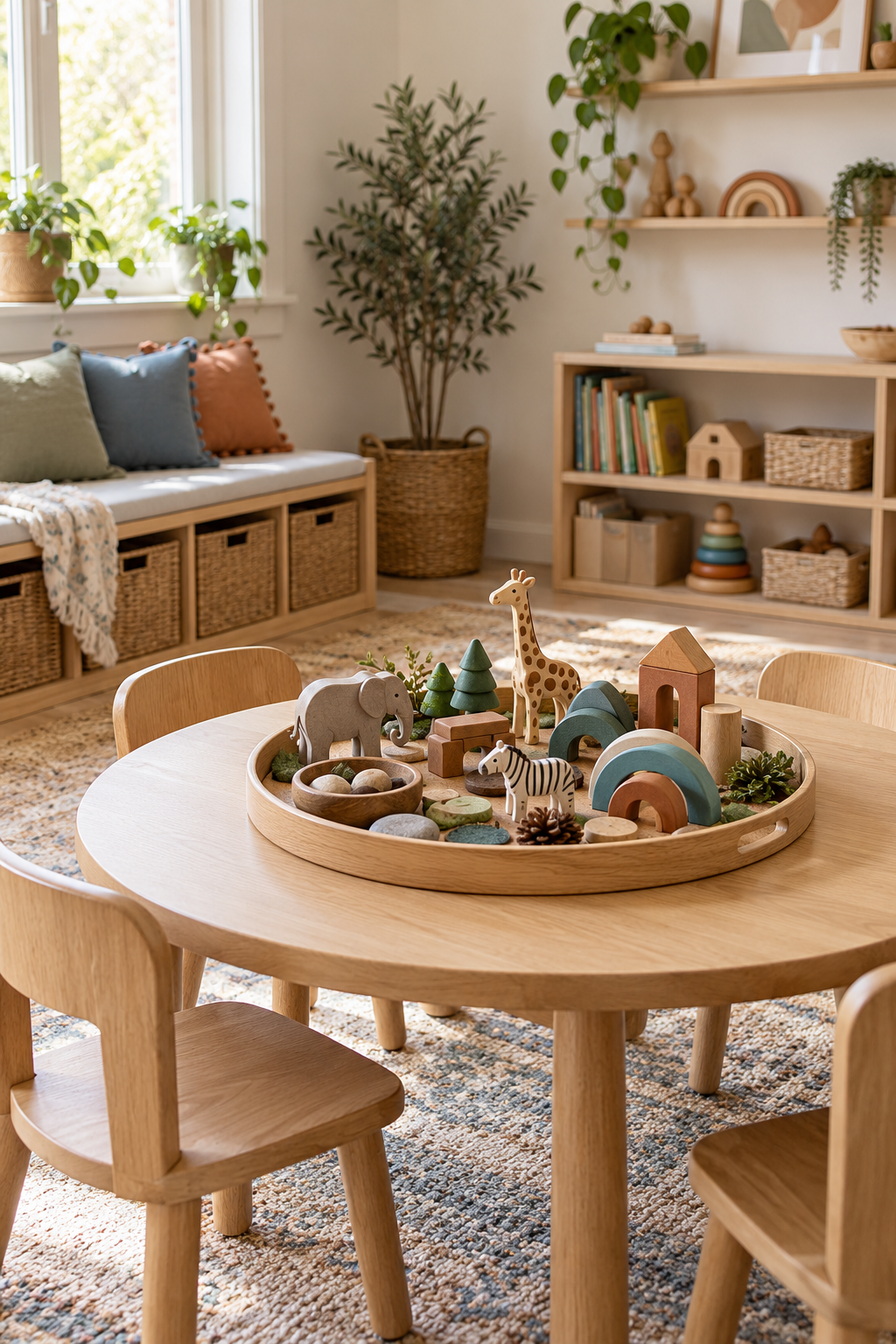Add a Rotating Invitation-to-Play Tray in a stylish screen-free playroom