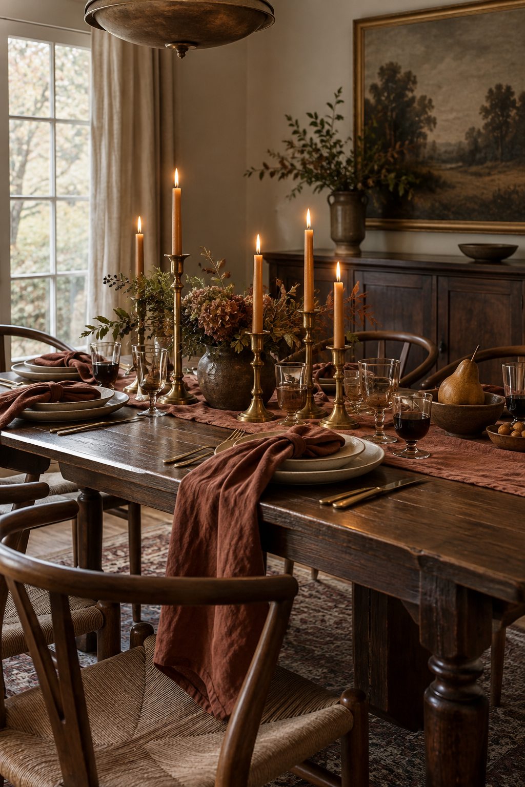 Vintage brass candlesticks on fall table