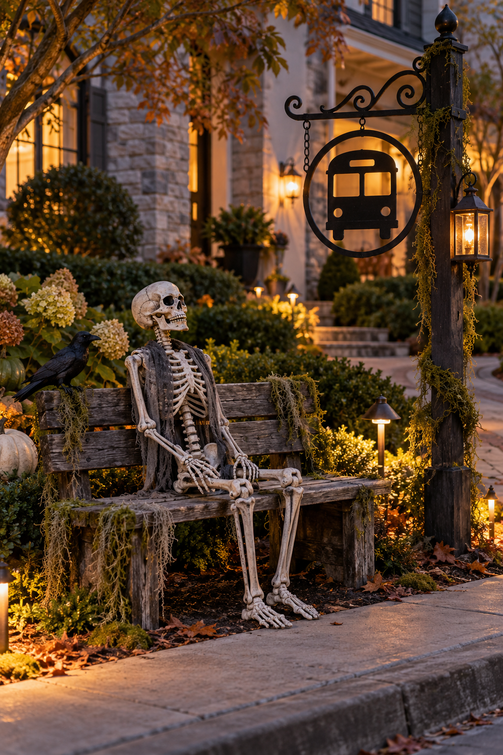 Add Weatherproof Storytelling Signs styled as skeleton yard display ideas