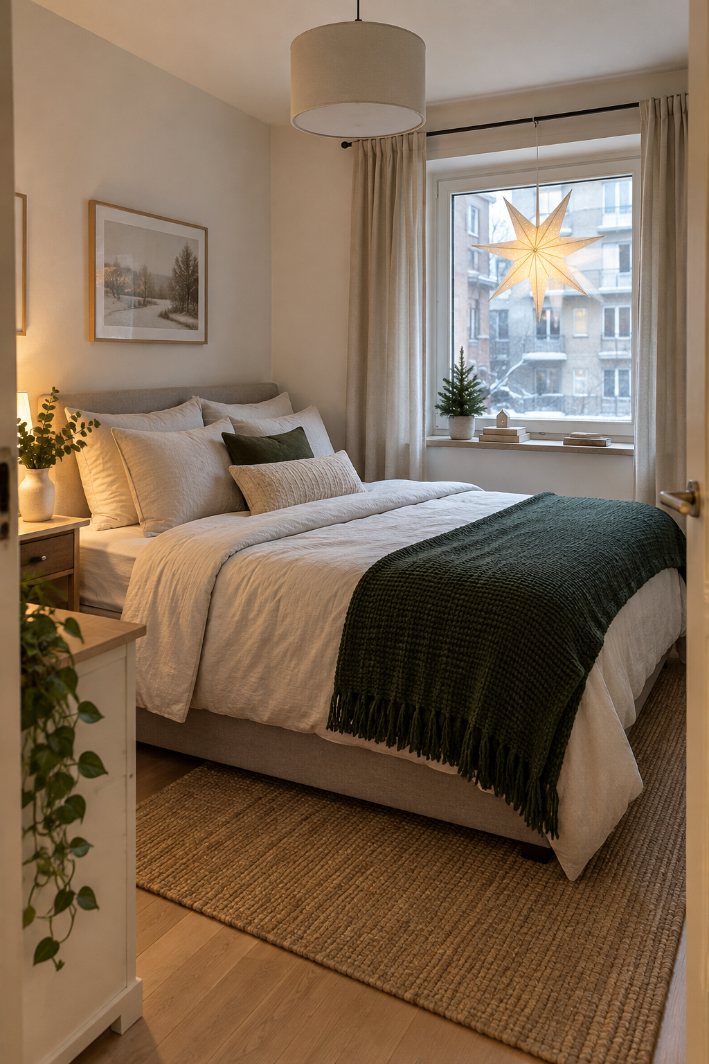 Style a small apartment bedroom for Christmas