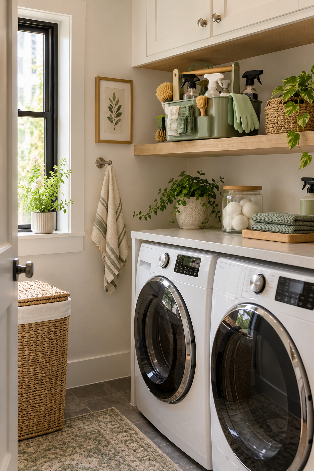 Add a Cleaning-Supply Caddy in a compact organized laundry room
