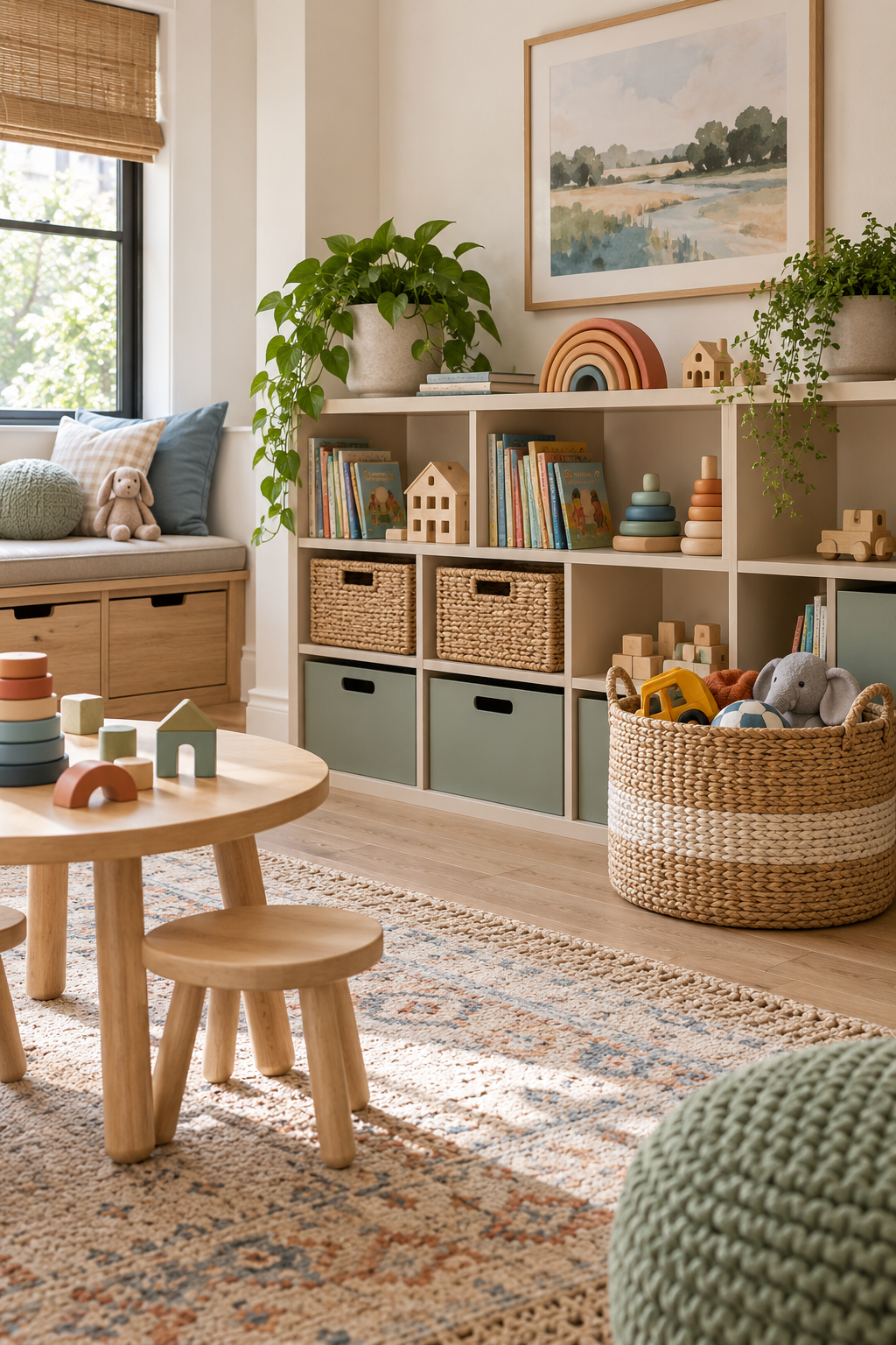 Keep a Donation Basket within Reach in a stylish organized playroom