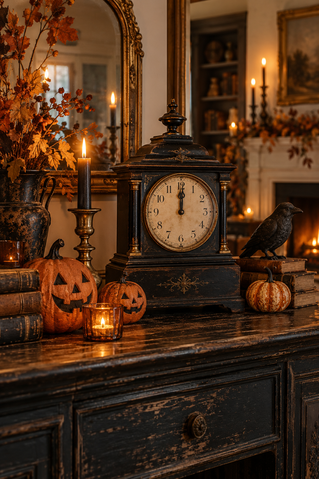 Add an Antique Clock at Midnight styled as vintage Halloween decor ideas