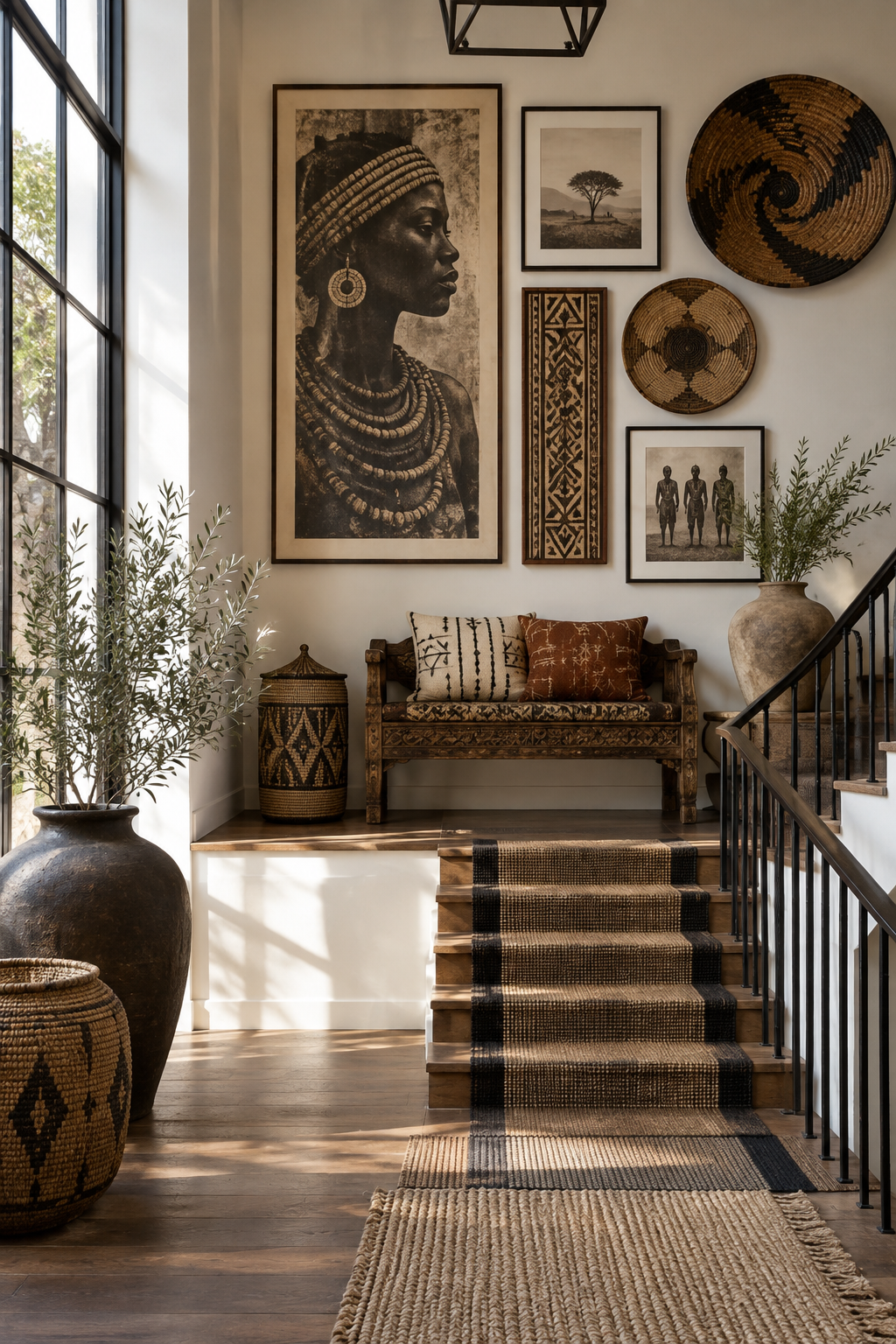 Afrobohemian stair landing with gallery wall, woven baskets, carved bench and striped runner