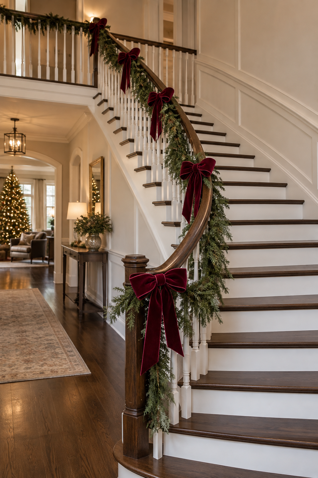Burgundy Christmas staircase garland secured to banister with velvet bows