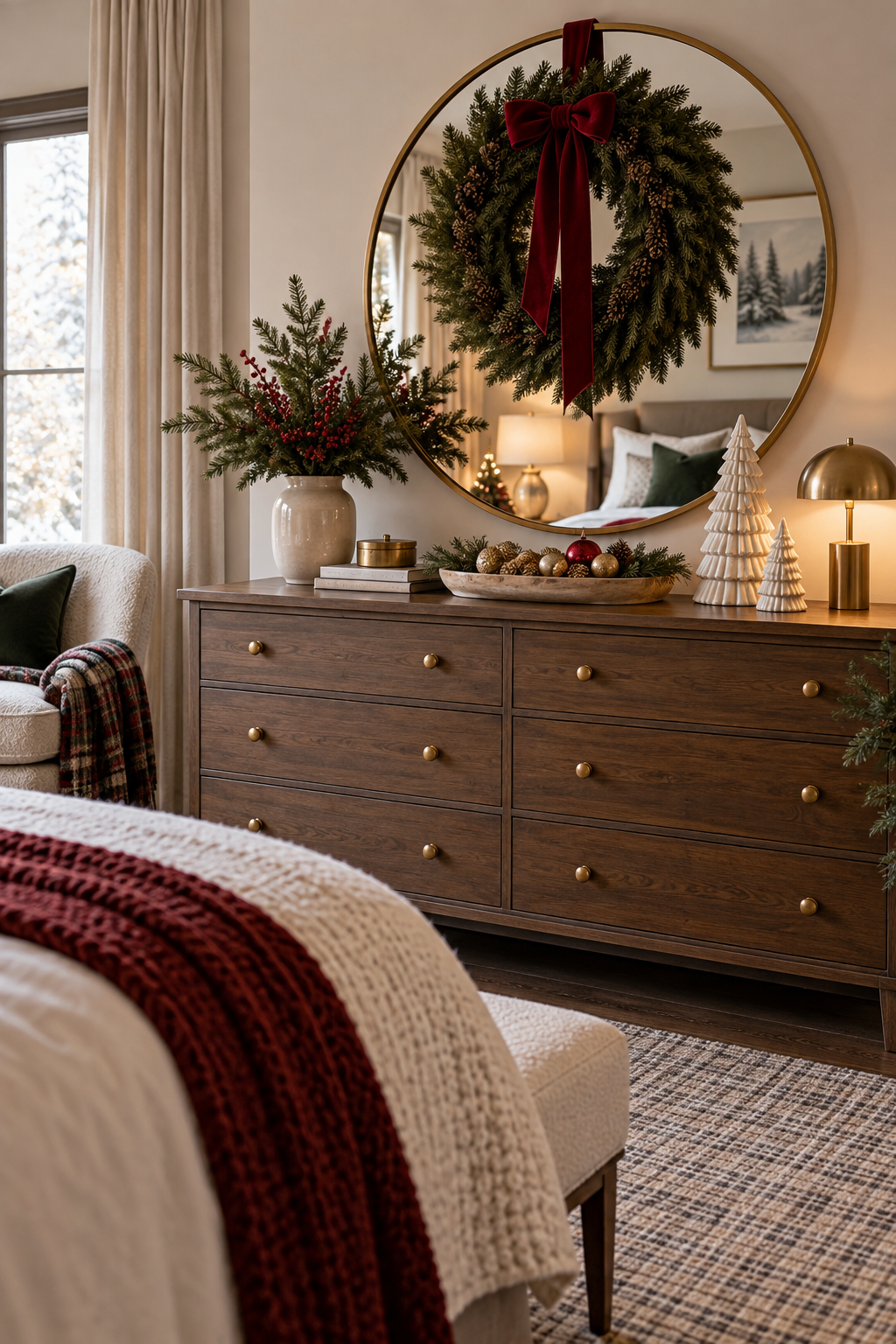 Christmas bedroom dresser styled with mirror wreath, ceramic trees and organized tray