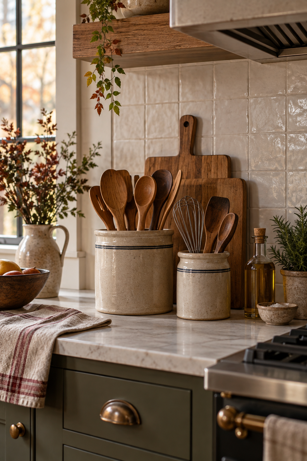 Vintage stoneware crocks in fall kitchen