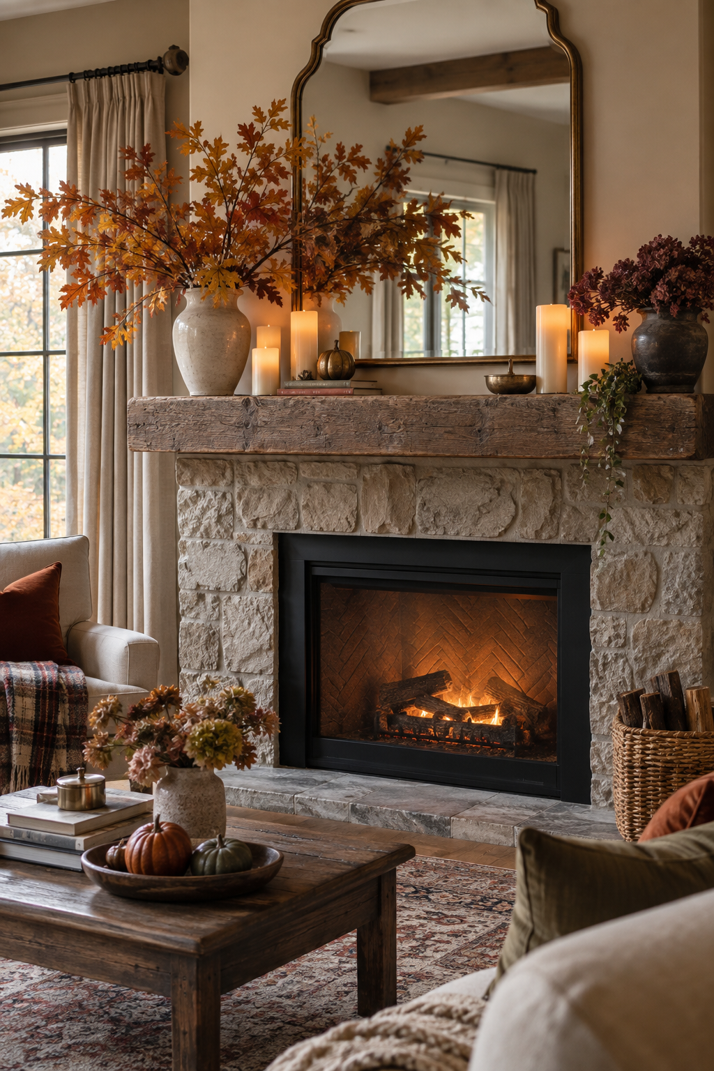 Flameless candles on a cozy fall mantel