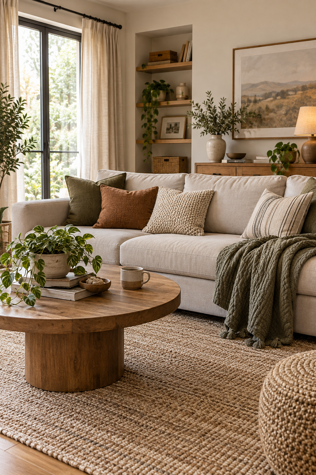A neutral first-home room enriched by affordable washable textiles