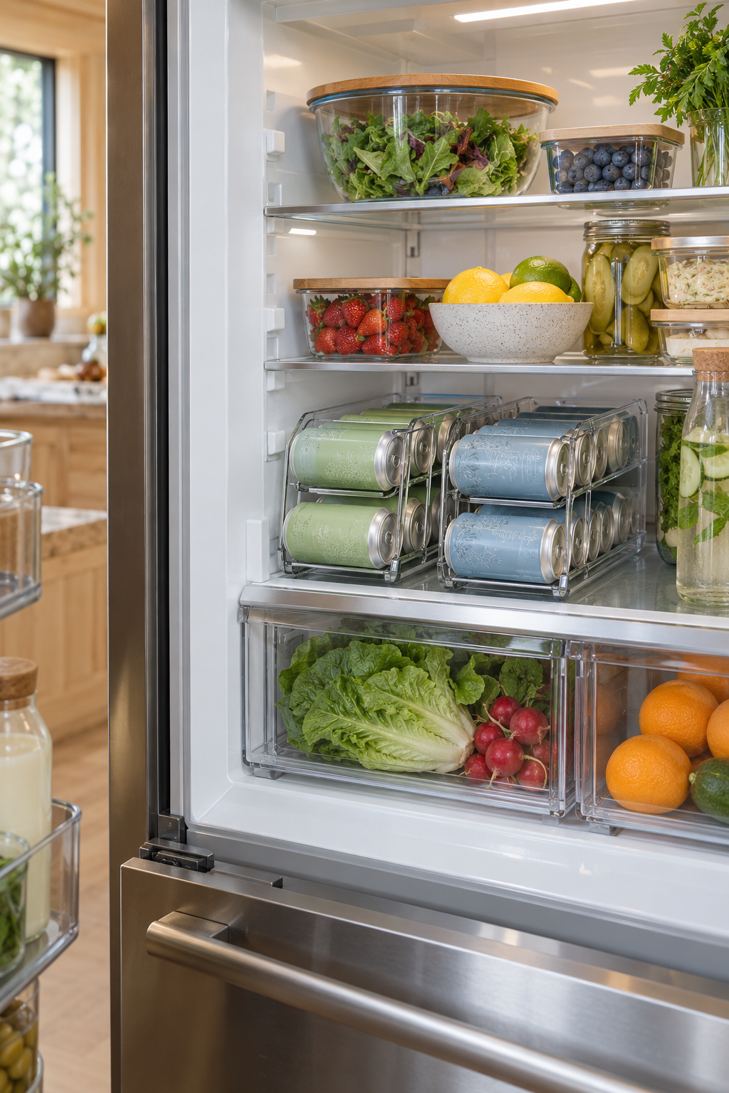 Add Can Dispensers for Sparkling Drinks in a clean organized refrigerator