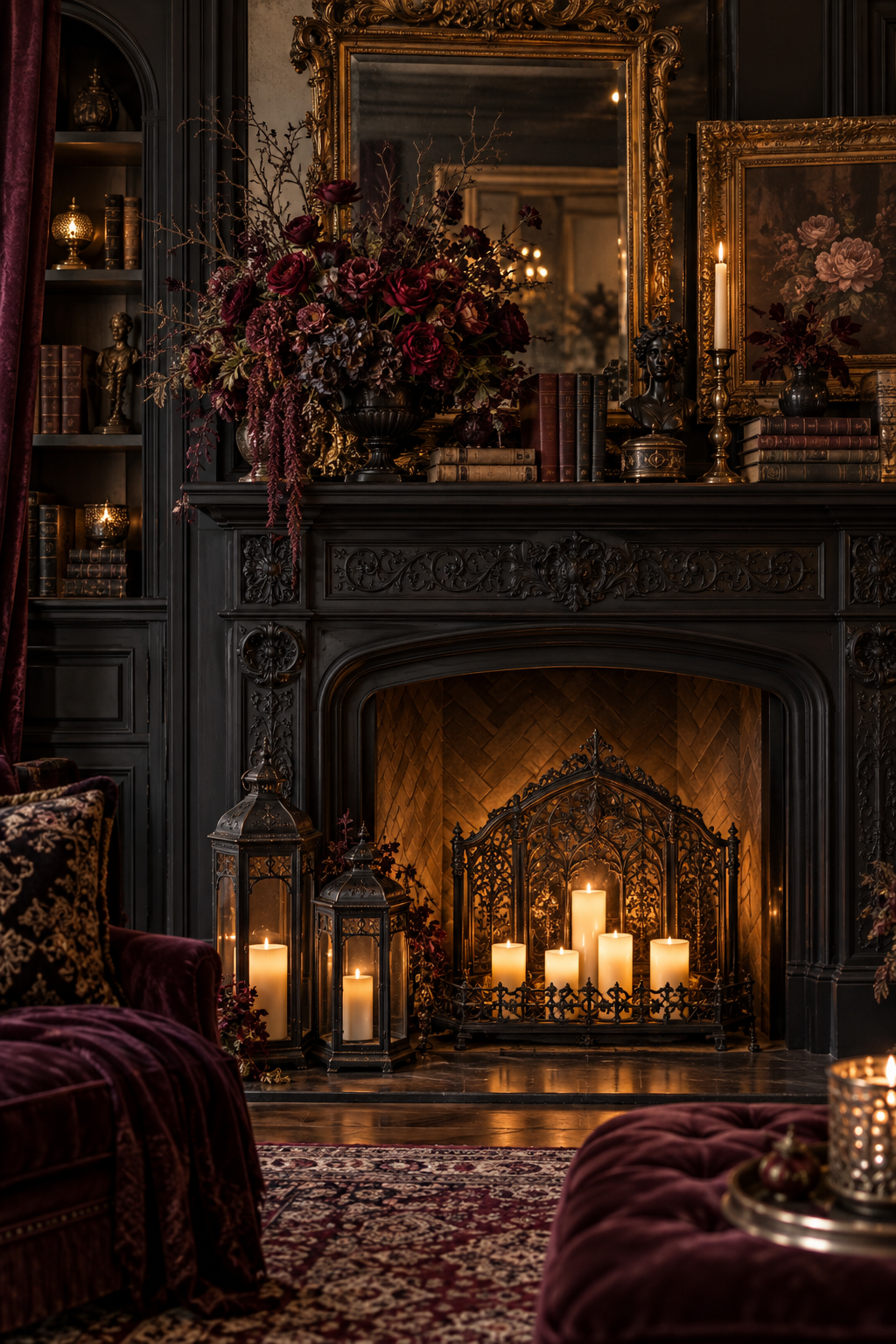 Balance the Hearth with Lanterns styled as gothic Victorian Halloween mantel ideas