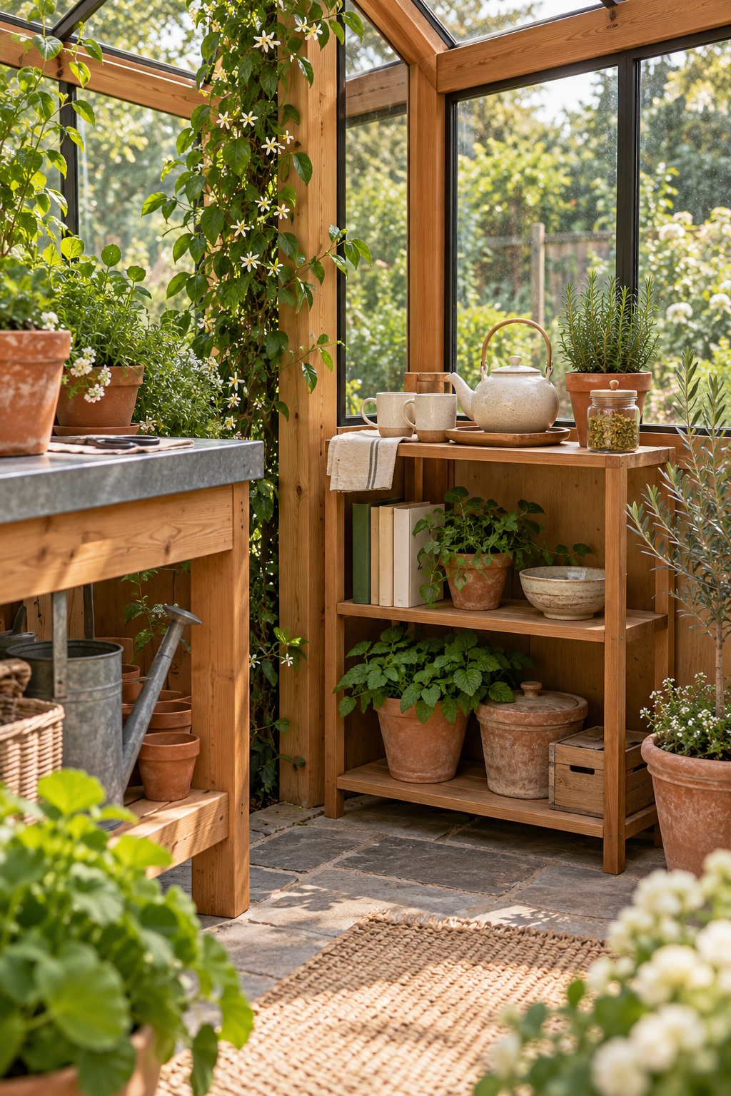 Create a Tea and Garden Shelf inside a beautiful garden greenhouse