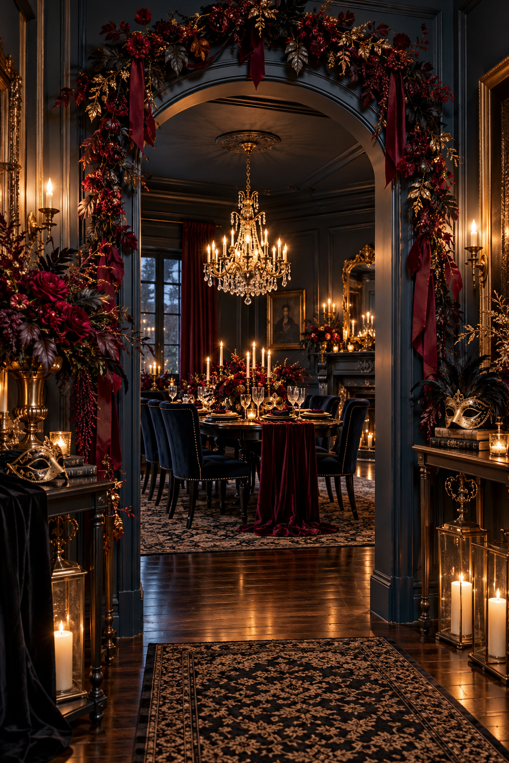 Design a Grand Entrance to the Dining Room styled as Halloween masquerade tablescape ideas