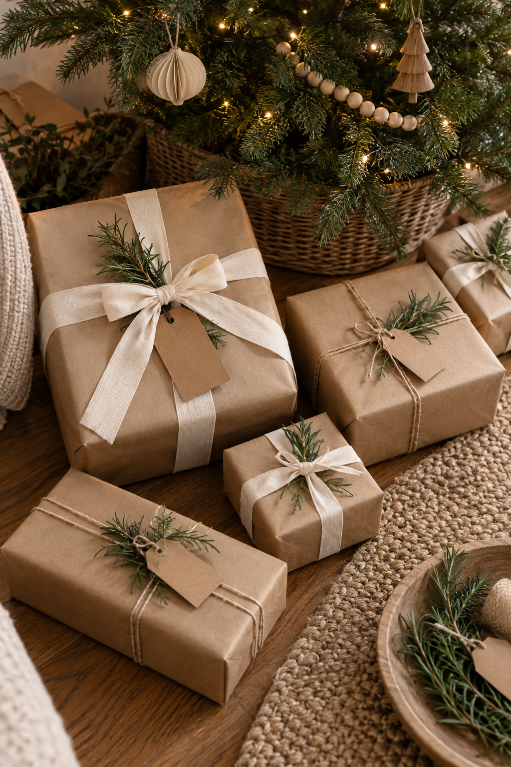 Natural Christmas gift wrap with kraft paper, cotton ribbon and evergreen sprig
