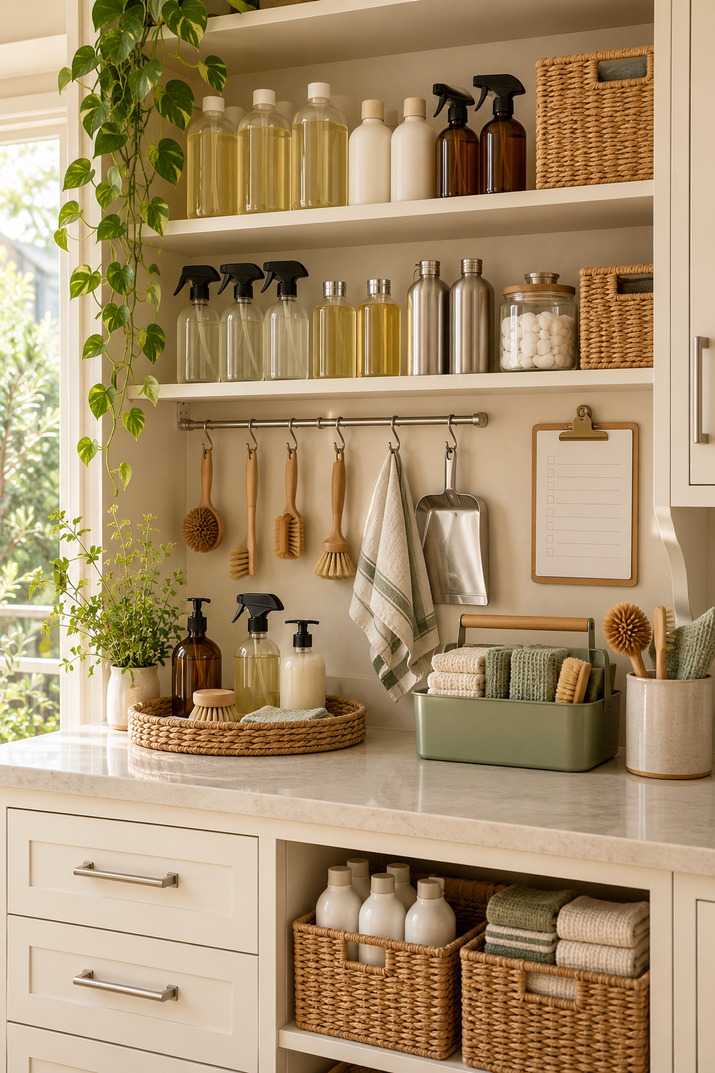 Add a Refill and Shopping List Area in an organized naturally minded cleaning station