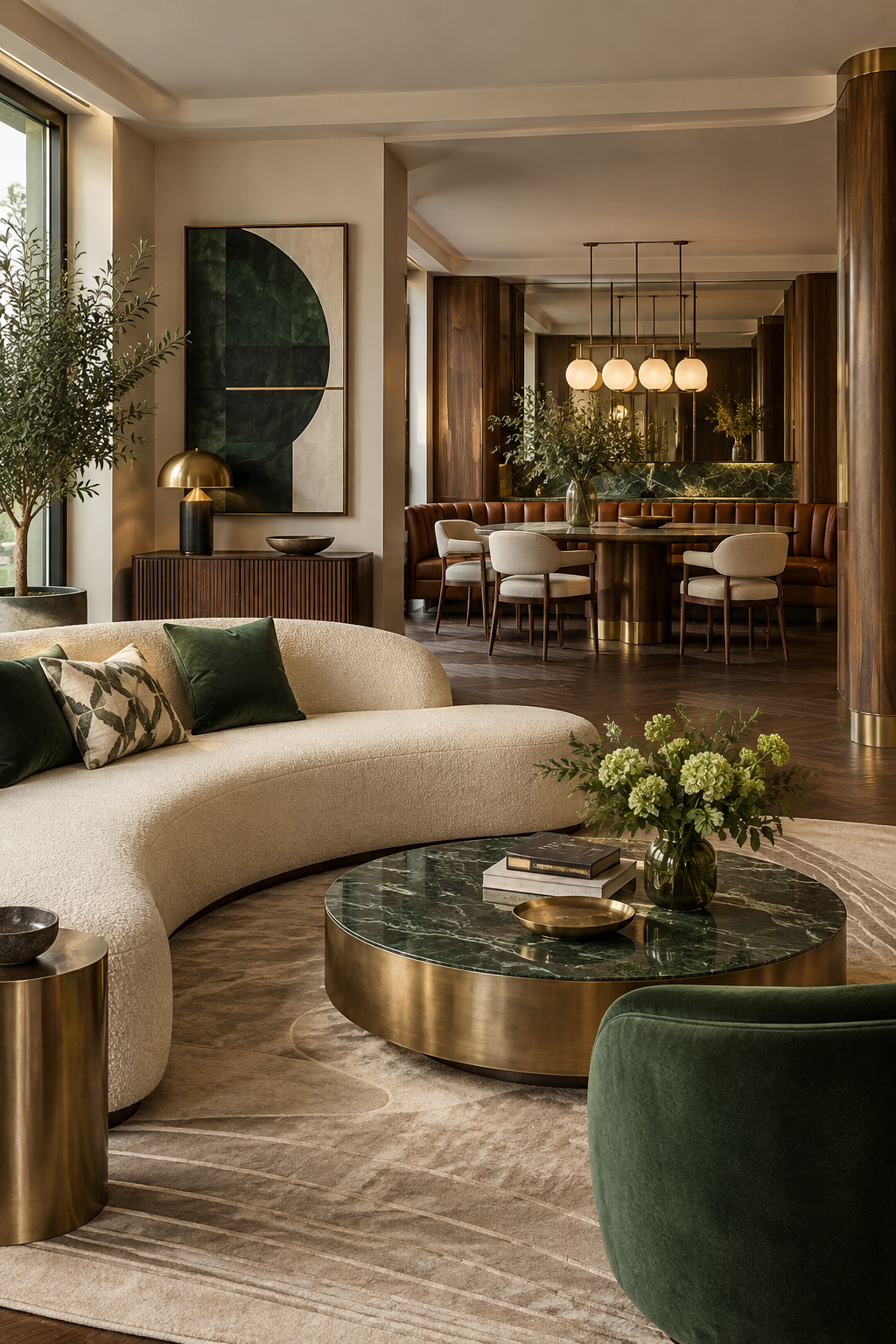 Open-plan Neo Deco living and dining room unified by walnut, brass, cream and green