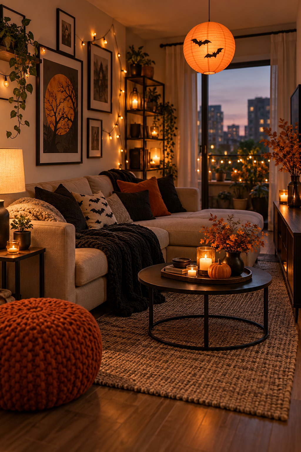 Finish with Layered Apartment Lighting styled as Halloween apartment decor ideas