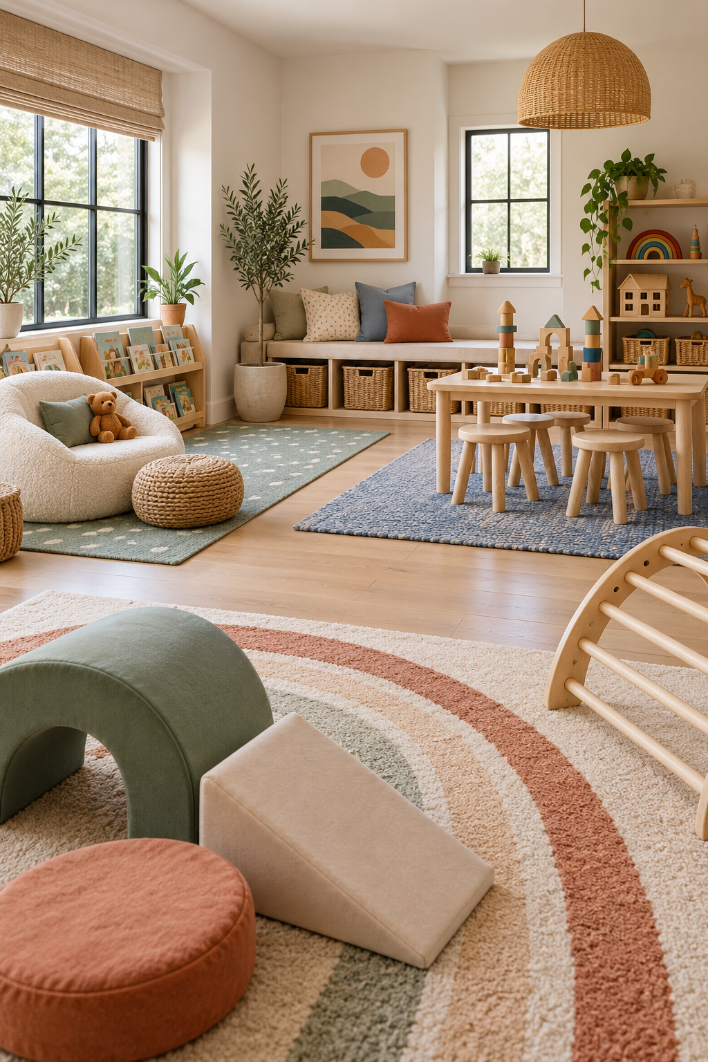 Use Rugs to Define Activity Zones in a stylish screen-free playroom