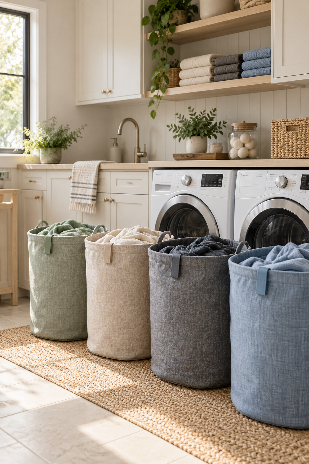 Use Color Coding for Family Laundry in a compact organized laundry room
