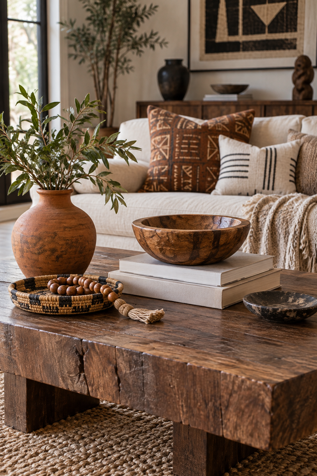 Afrobohemian coffee table styling with carved bowl, terracotta vase, woven tray and wood beads