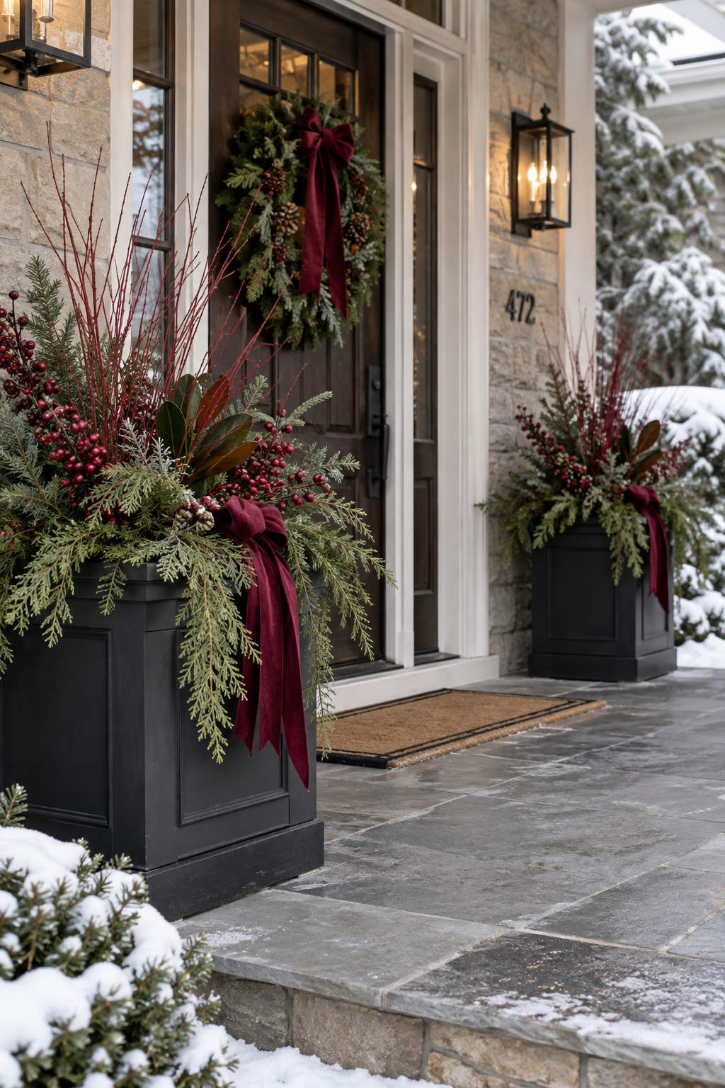 Outdoor burgundy Christmas planters with evergreen branches and weatherproof ribbon